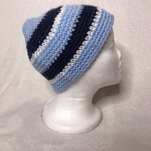 Unisex Blue Striped Handmade Crochet Beanie Hat